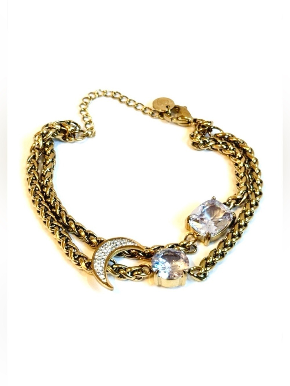 Gold Celestial Crescent Moon Crystal Double Chain Bracelet NWT